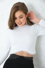 Kadın Bisiklet Yaka Önü Zincirli Crop Bluz Beyaz - M