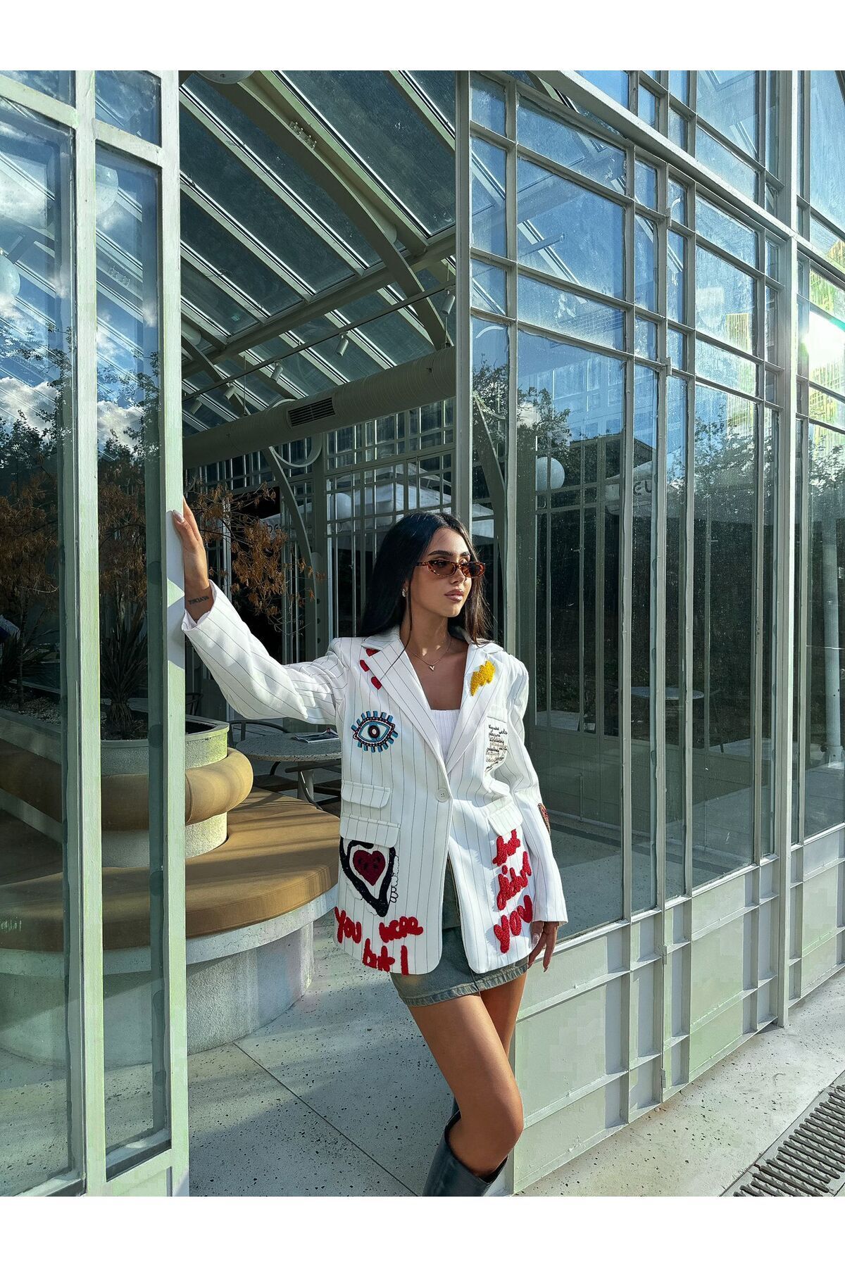 Kadın Nakış Detaylı Blazer Ceket Beyaz - L