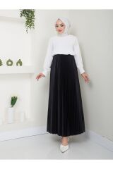 Kadın Piliseli Beli Lastikli Basic Etek Siyah - S/M