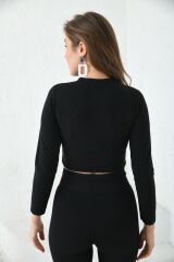 Kadın Bisiklet Yaka Önü Zincirli Crop Bluz Siyah - L