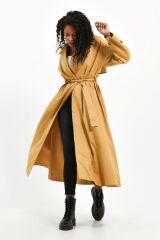 Kadın Kuşaklı Uzun Trençkot hardal - S