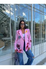 Kadın Nakış Detaylı Blazer Ceket Pembe - L