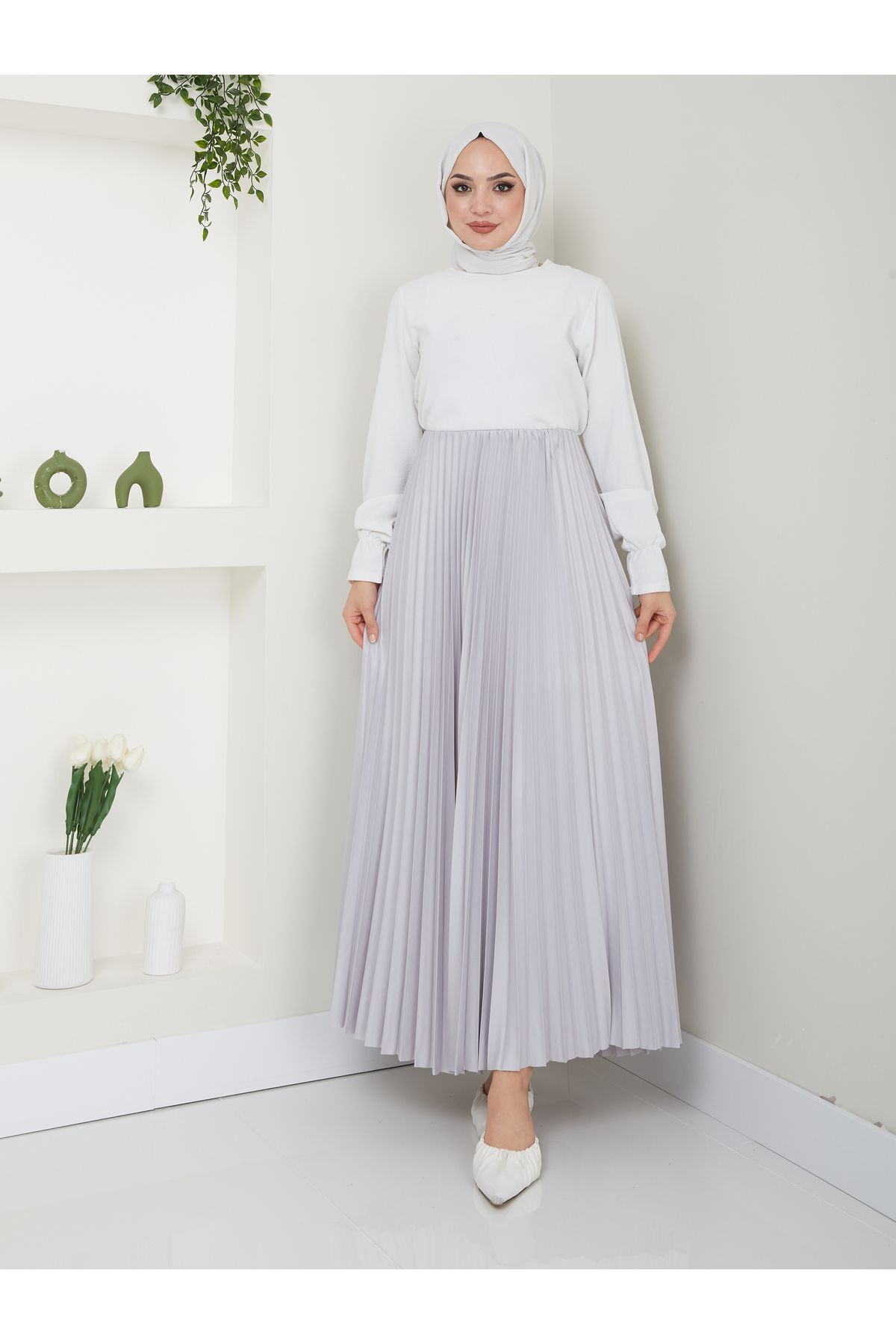 Kadın Piliseli Beli Lastikli Basic Etek Gri - L/XL
