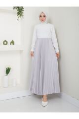 Kadın Piliseli Beli Lastikli Basic Etek Gri - L/XL