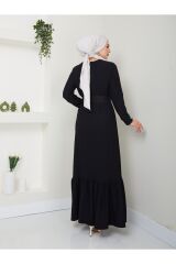 Kadın Eteği Fırfırlı Bisiklet Yaka Kuşaklı Elbise Siyah - 2XL