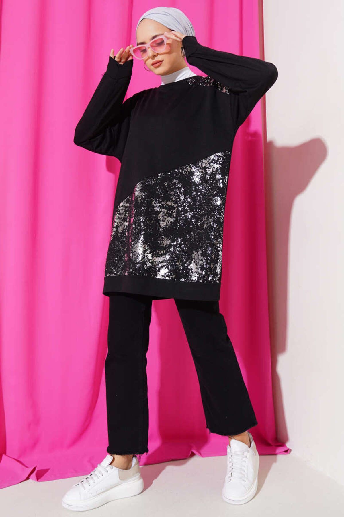 Kadın Varak Detaylı Tunik Siyah - L/XL