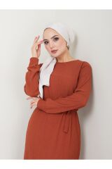 Kadın Eteği Fırfırlı Bisiklet Yaka Kuşaklı Elbise Kiremit - XL