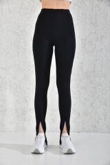 Kadın Siyah Yüksek Bel Toparlayıcı Yırtmaçlı Tayt Siyah - M