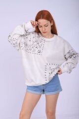 Beyaz Keskin Etnik Desen Sweatshirt