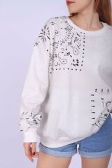 Beyaz Keskin Etnik Desen Sweatshirt