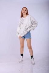 Beyaz Keskin Etnik Desen Sweatshirt Beyaz - L