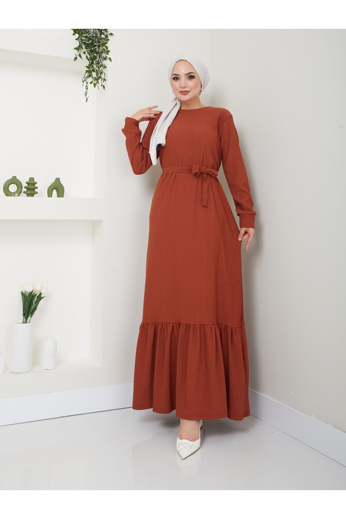 Kadın Eteği Fırfırlı Bisiklet Yaka Kuşaklı Elbise Kiremit - 2XL