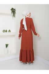 Kadın Eteği Fırfırlı Bisiklet Yaka Kuşaklı Elbise Kiremit - 2XL