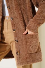 Kadın Düğmeli Peluş Hırka Kahverengi - L