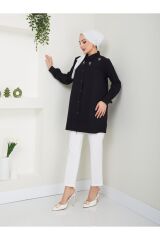 Kadın Gömlek Yaka Taşlı Tesettür Tunik Siyah - 2XL