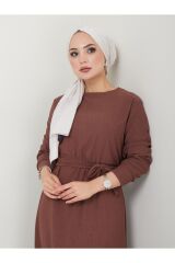 Kadın Eteği Fırfırlı Bisiklet Yaka Kuşaklı Elbise Kahverengi - M