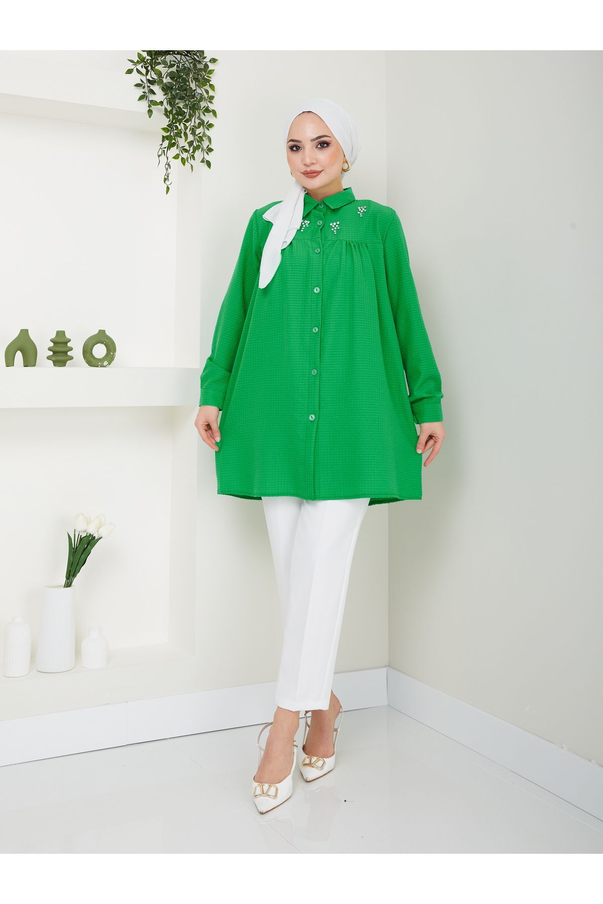 Kadın Gömlek Yaka Taşlı Tesettür Tunik Yeşil - 2XL