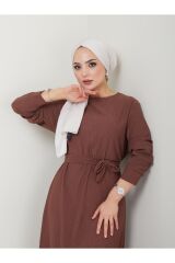 Kadın Eteği Fırfırlı Bisiklet Yaka Kuşaklı Elbise Kahverengi - XL