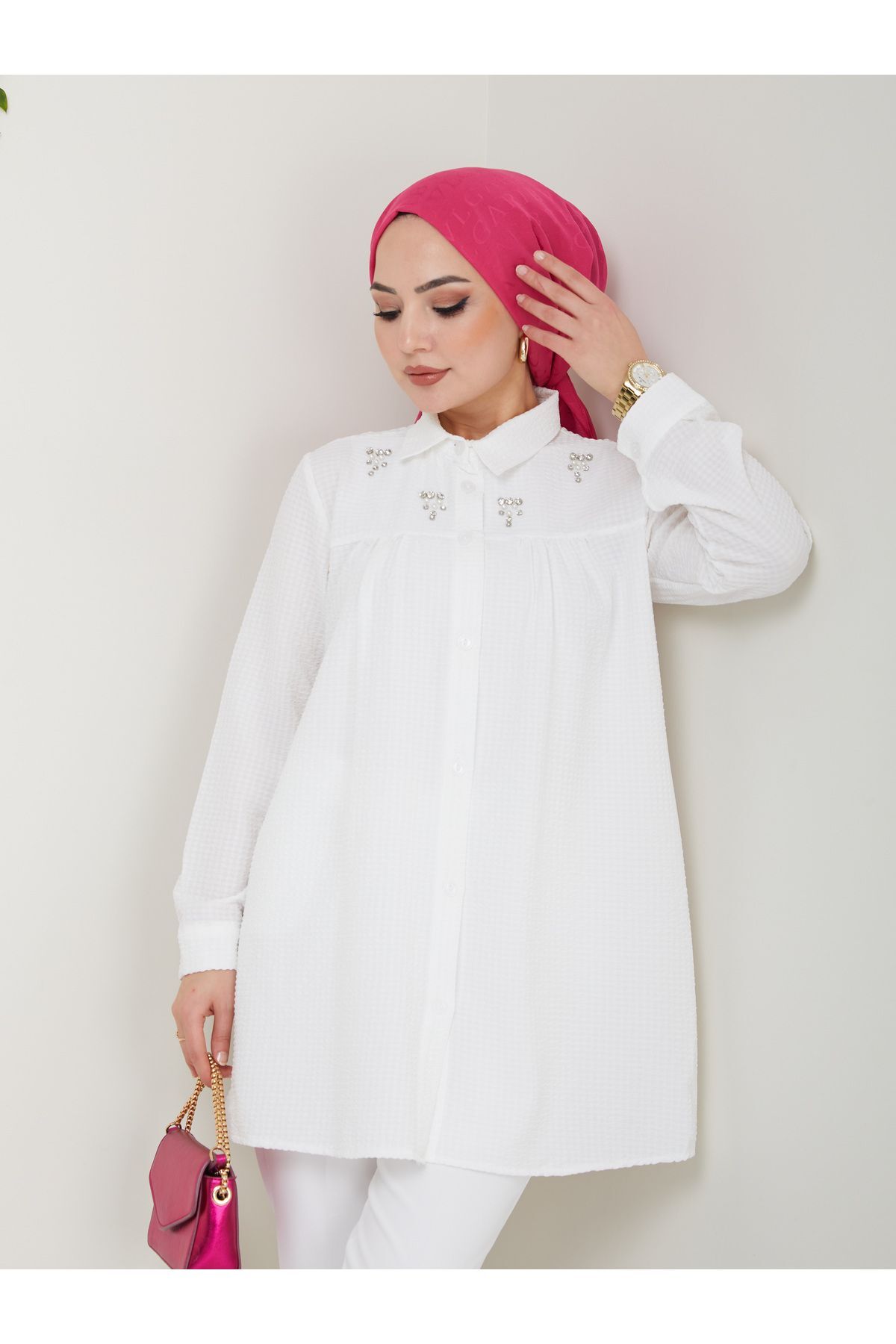 Kadın Gömlek Yaka Taşlı Tesettür Tunik Beyaz - XL