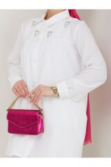 Kadın Gömlek Yaka Taşlı Tesettür Tunik Beyaz - 2XL