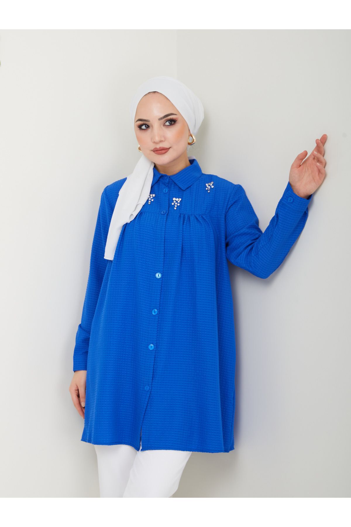 Kadın Gömlek Yaka Taşlı Tesettür Tunik Mavi - 2XL