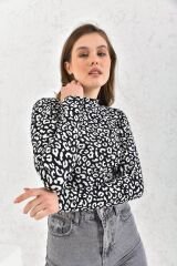 Kadın Siyah Beyaz Desen Balıkçı Yaka Uzun Kollu Bluz Beyaz Siyah - XL