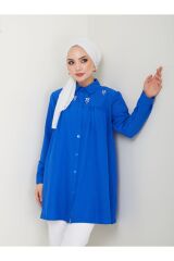 Kadın Gömlek Yaka Taşlı Tesettür Tunik Mavi - L