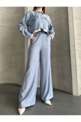 Kadın Cep Detaylı Geniş Paça Crop Gömlek Takım Mavi - XL