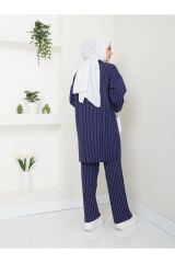 Kadın Gömlek Yaka Çizgili Triko Pantolonlu Takım