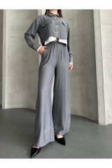 Kadın Cep Detaylı Geniş Paça Crop Gömlek Takım Gri - XL