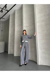 Kadın Cep Detaylı Geniş Paça Crop Gömlek Takım Gri - XL