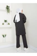 Kadın Gömlek Yaka Çizgili Triko Pantolonlu Takım Siyah - Tek Ebat