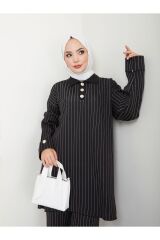 Kadın Gömlek Yaka Çizgili Triko Pantolonlu Takım Siyah - Tek Ebat