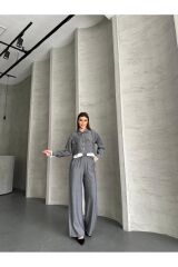 Kadın Cep Detaylı Geniş Paça Crop Gömlek Takım Gri - S
