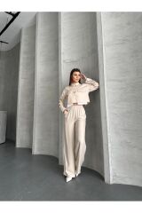 Kadın Cep Detaylı Geniş Paça Crop Gömlek Takım Krem - L