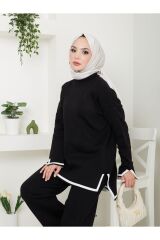 Kadın Şeritli Pantolonlu Triko Takım Siyah - Tek Ebat
