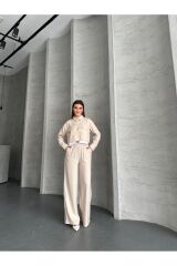 Kadın Cep Detaylı Geniş Paça Crop Gömlek Takım Krem - XL