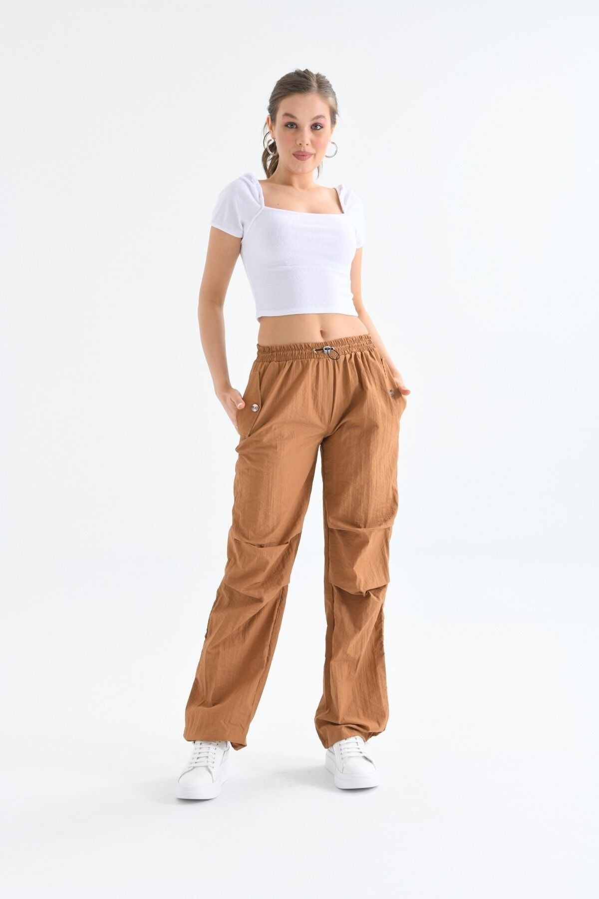 Kadın Paraşüt Kumaş Lastikli Bel Pantolon CAMEL - S