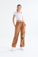 Kadın Paraşüt Kumaş Lastikli Bel Pantolon CAMEL - S