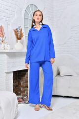 Kadın Polo Yaka Gofre Pantolonlu Takım İNDİGO - M