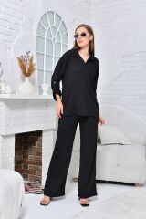 Kadın Polo Yaka Gofre Pantolonlu Takım Siyah - XL