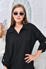 Kadın Polo Yaka Gofre Pantolonlu Takım Siyah - XL