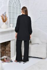 Kadın Polo Yaka Gofre Pantolonlu Takım Siyah - XL