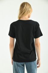 Kadın Cep Nakışlı T-shirt Siyah - S