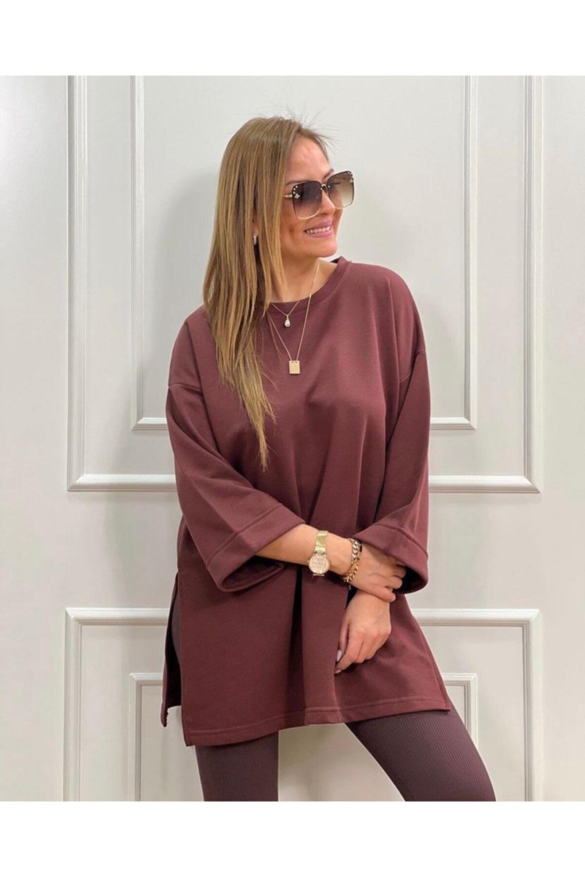 Kadın Kahverengi Basic Yırtmaçlı Sweatshirt