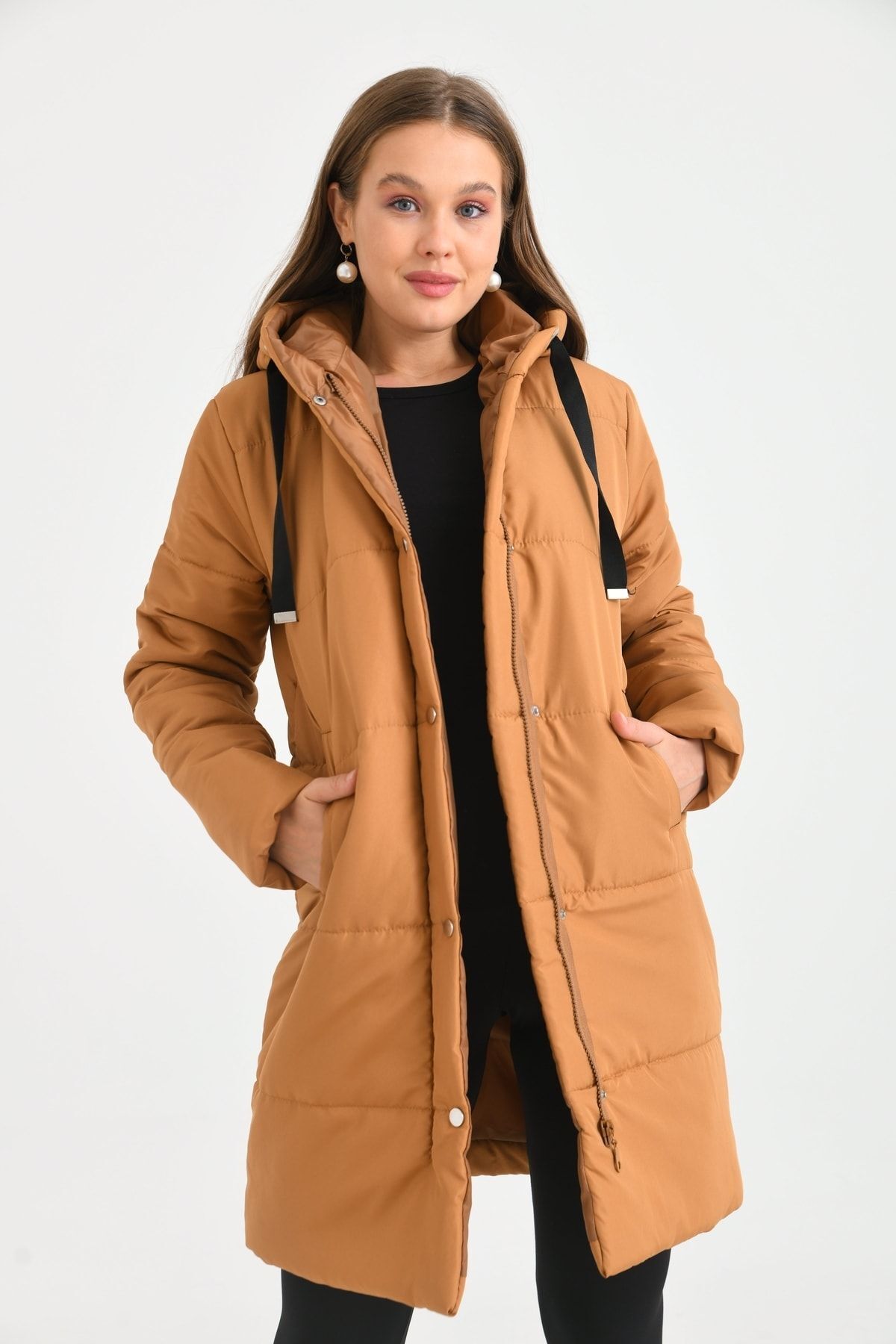 Kadın Kapüşonlu Kapitone Mont Kahverengi - XL