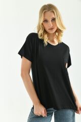 Kadın Cep Nakışlı T-shirt Siyah - L