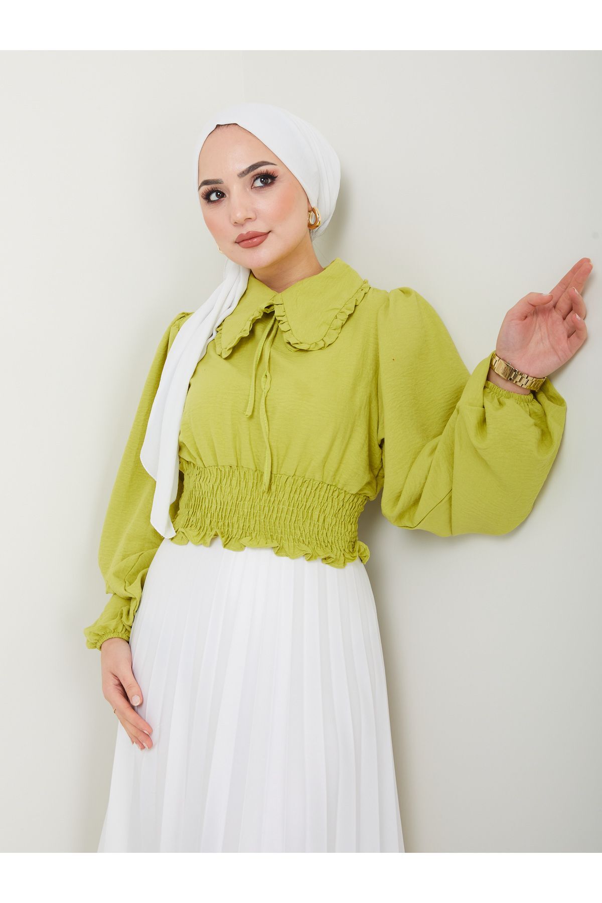Kadın Ayrobin Bebe Yaka Tesettür Bluz YAĞ YEŞİLİ - 2XL