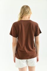 Kadın Cep Nakışlı T-shirt Kahverengi - M