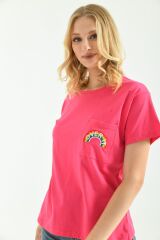 Kadın Cep Nakışlı T-shirt Fuşya - S